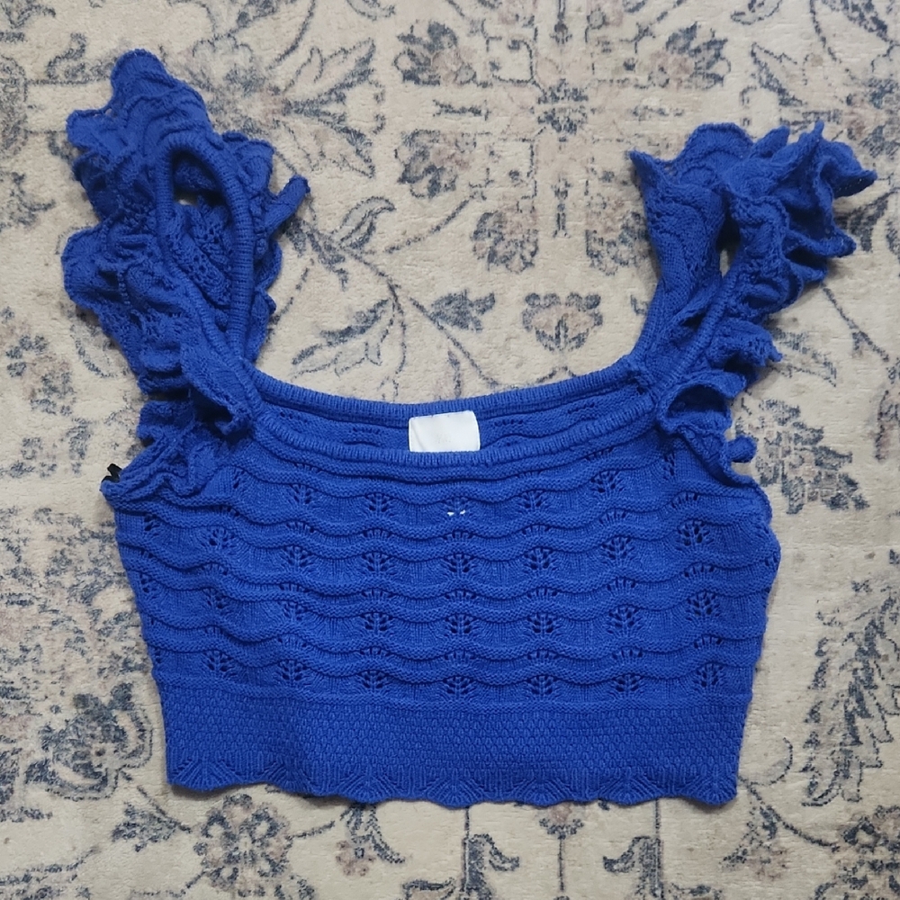 Fairy Crocheted Dainty Coquette Coastal Blue Crop Top‎ Ruffle Straps Size Medium - Picture 2 of 6